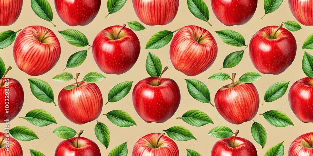 Red Apples and Green Leaves Pattern on Cream Background Red Apples and Green Leaves Pattern on Cream Background
