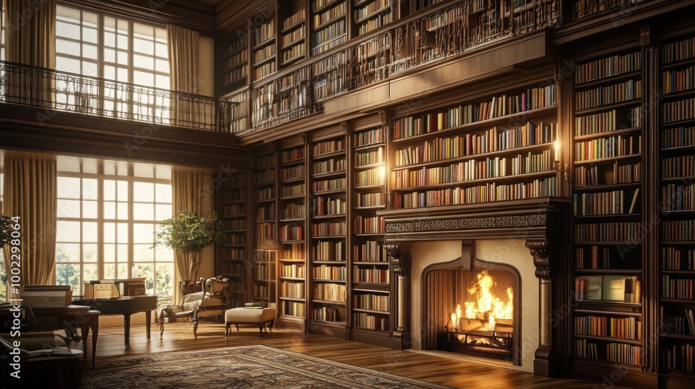 A sophisticated home library with floor-to-ceiling bookshelves A sophisticated home library with floor-to-ceiling bookshelves