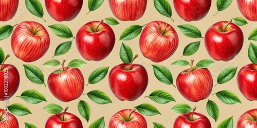 Red Apples and Green Leaves Pattern on Cream Background