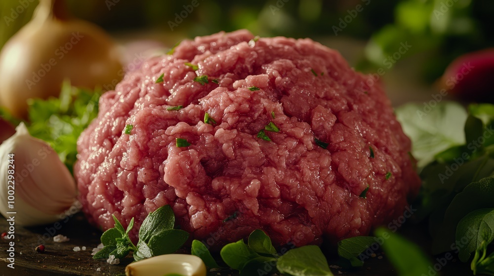 Fresh ground beef with herbs and garlic on a wooden surface, surrounded by green vegetables and an onion in a rustic kitchen setting. Fresh ground beef with herbs and garlic on a wooden surface, surrounded by green vegetables and an onion in a rustic kitchen setting.