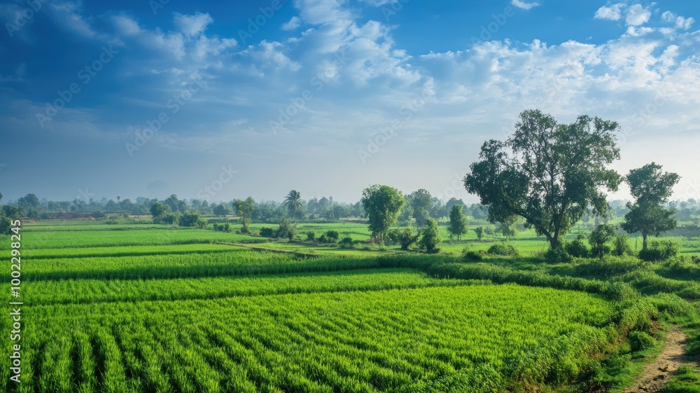 Lush green fields under bright blue sky with scattered clouds Lush green fields under bright blue sky with scattered clouds