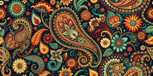 Seamless Floral Paisley Pattern with Vibrant Colors and Intricate Details on Dark Background