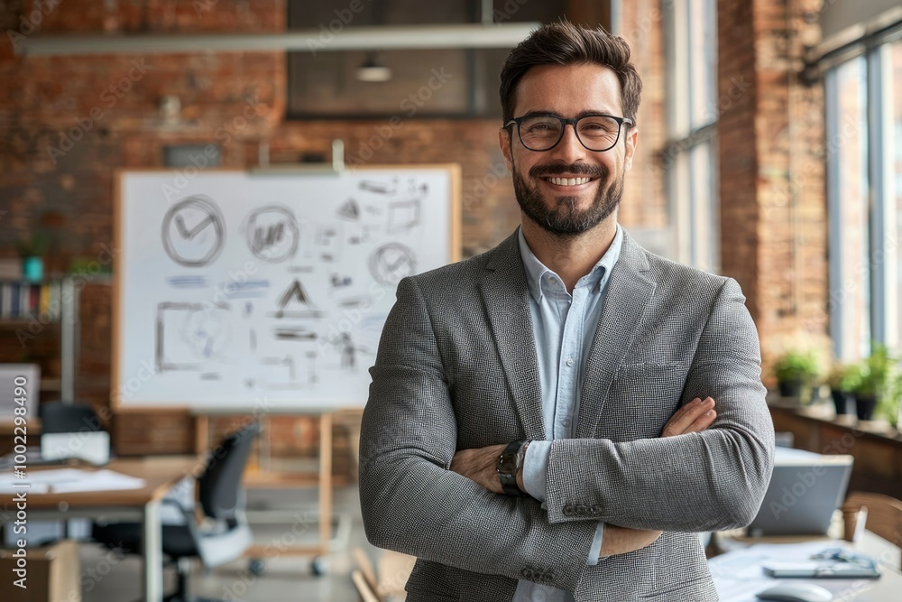 Fototapeta premium Confident Businessman Smiling in Office Setting