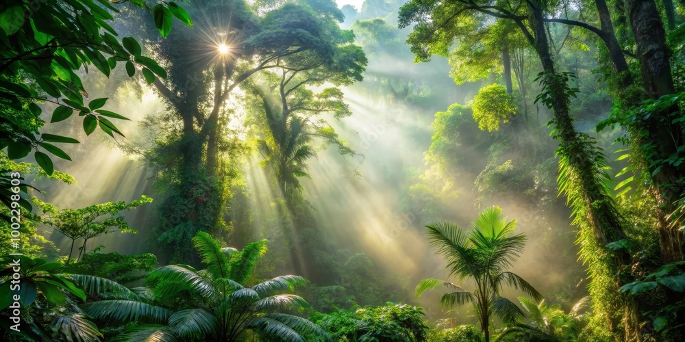 Obraz premium Sunbeams Filtering Through Lush Rainforest Canopy