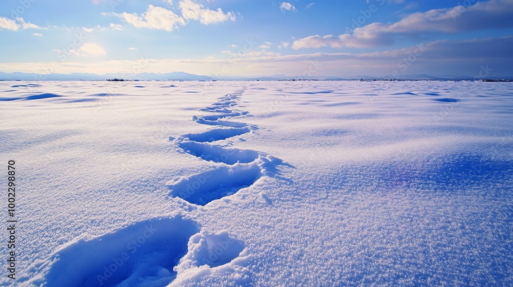 Footprints in a Snowy Field Against a Blue Sky Footprints in a Snowy Field Against a Blue Sky