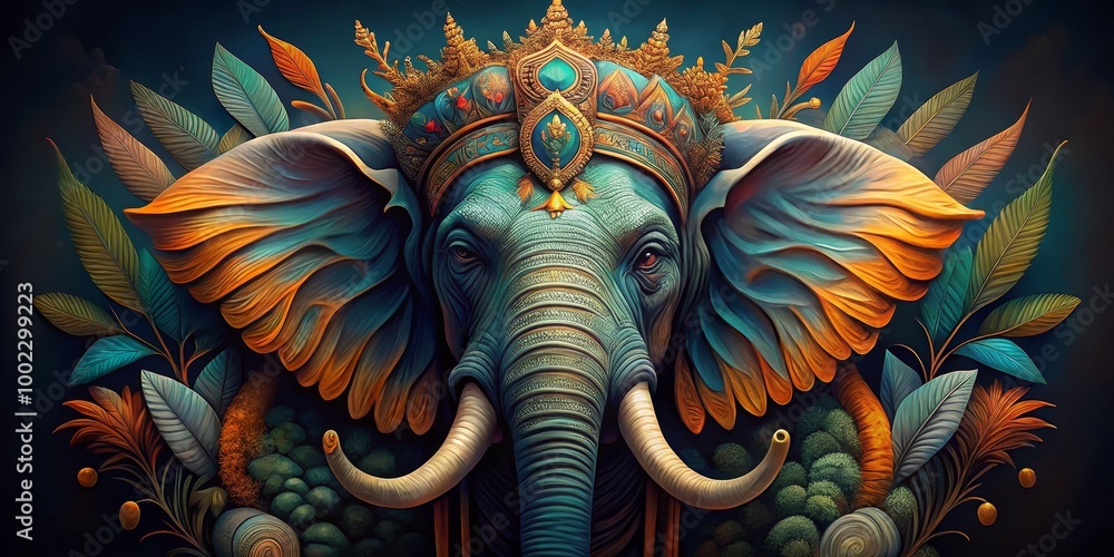 custom made wallpaper toronto digitalThe Regal Elephant A Detailed Portrait Surrounded by Lush Tropical Foliage and an Ornate Crown