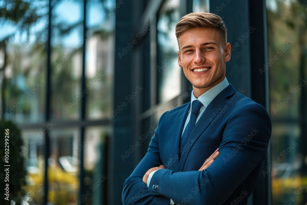 A Confident Businessman in a Blue Suit with Folded Arms Smiles Outdoors A Confident Businessman in a Blue Suit with Folded Arms Smiles Outdoors