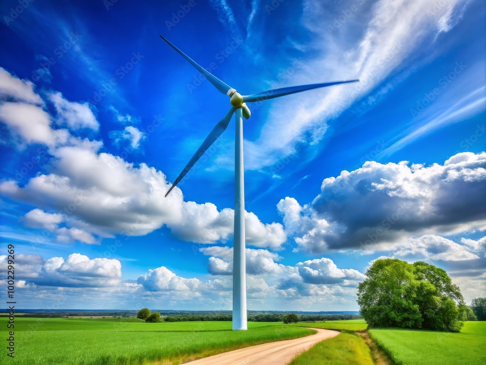 Obraz premium A blue wind turbine stands against a clear sky, symbolizing renewable energy within a modern sustainable landscape,