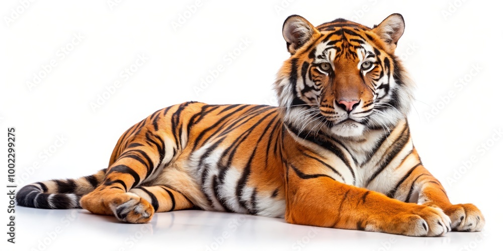 Fototapeta premium Tiger Portrait Laying Down, Front View, White Background