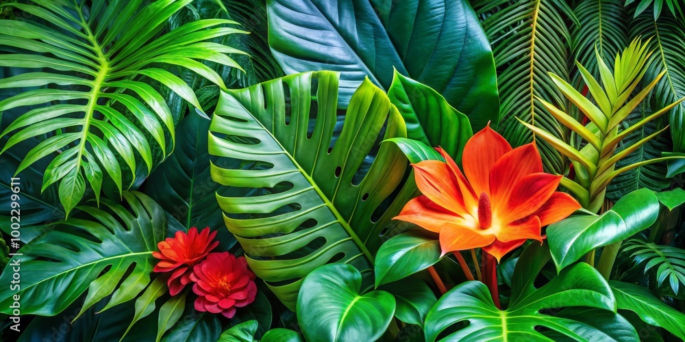 Tropical Paradise A Lush Tapestry of Green Leaves and Vibrant Blooms Tropical Paradise A Lush Tapestry of Green Leaves and Vibrant Blooms
