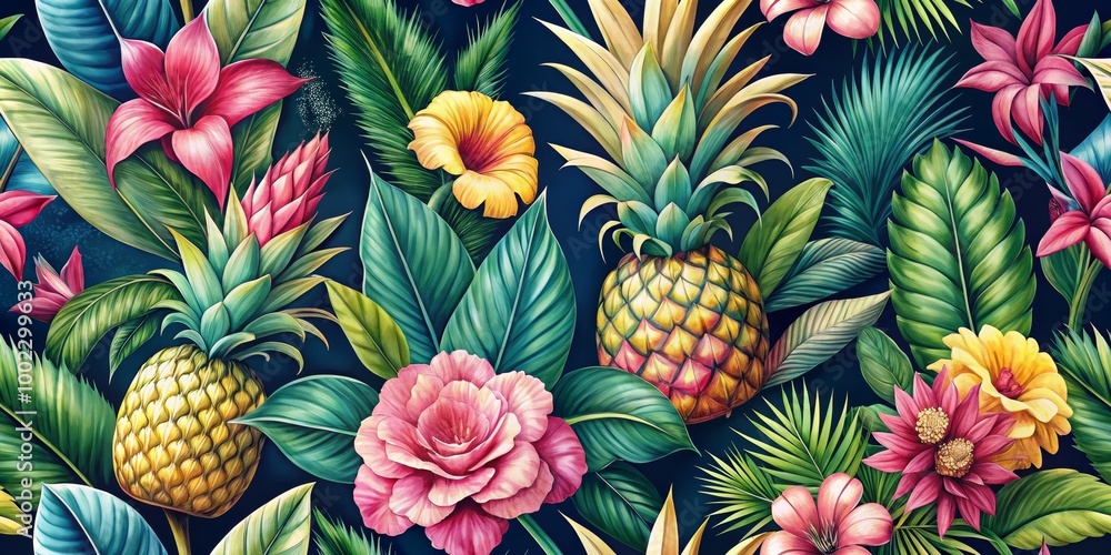 Tropical Paradise Seamless Pattern of Lush Greenery, Vibrant Flowers, and Ripe Pineapples on a Midnight Blue Background Tropical Paradise Seamless Pattern of Lush Greenery, Vibrant Flowers, and Ripe Pineapples on a Midnight Blue Background