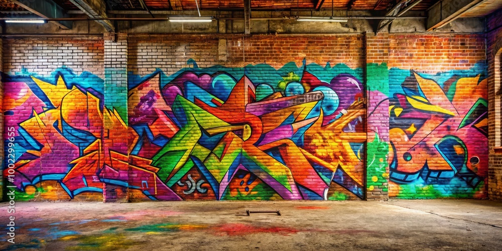 Fototapeta premium Urban Canvas Vibrant Graffiti on a Brick Wall with Concrete Floor and Overcast Lighting