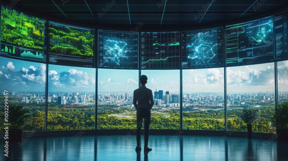 Fototapeta premium A climate change analyst studies real-time data in a futuristic control room with eco-friendly city views. Generative AI