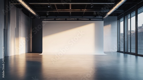 An empty  minimalist photo studio with a large white cyclorama wall  lit by softbox lighting on professional-grade monoblocks.