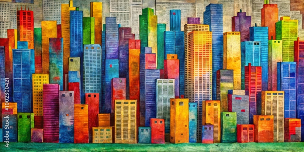 Obraz premium Watercolor Cityscape - Vibrant Towers Against a Grey Sky in a Geometric Composition