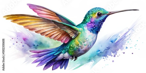 Fototapeta Naklejka Na Ścianę i Meble -  Watercolor Hummingbird in Flight with Abstract Background