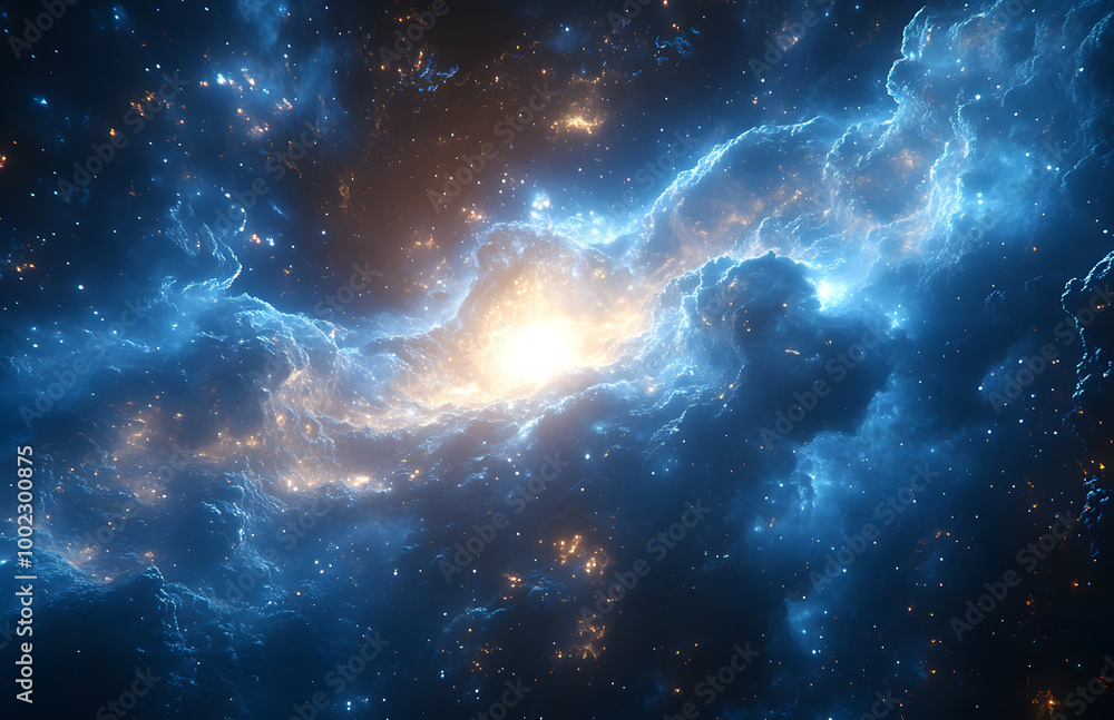 Glowing Blue Nebula with Bright Stars and Cosmic Clouds, Space and Astronomy Illustration Glowing Blue Nebula with Bright Stars and Cosmic Clouds, Space and Astronomy Illustration