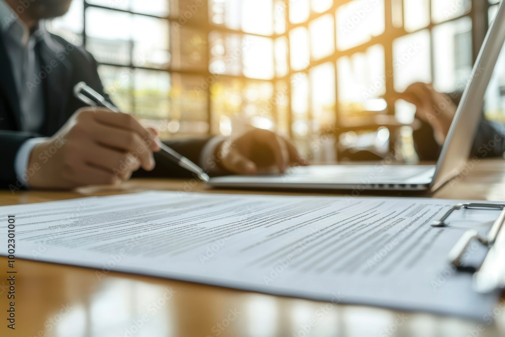 Close-up of a Clipboard with a Document and a Blurred Person Using a Laptop in the Background Close-up of a Clipboard with a Document and a Blurred Person Using a Laptop in the Background