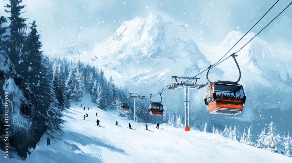 Snowy Mountain Ski Resort with Gondola Lift and Skiers Snowy Mountain Ski Resort with Gondola Lift and Skiers