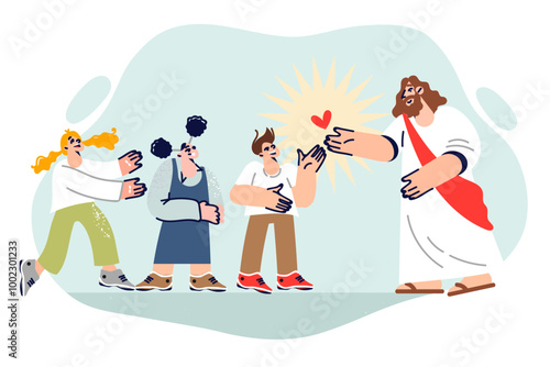 Jesus christ from christian religion stands near children joyfully communicating with god or prophet