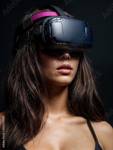 Futuristic woman in VR headset bathed in neon light. Cyberpunk aesthetic meets cutting-edge technology