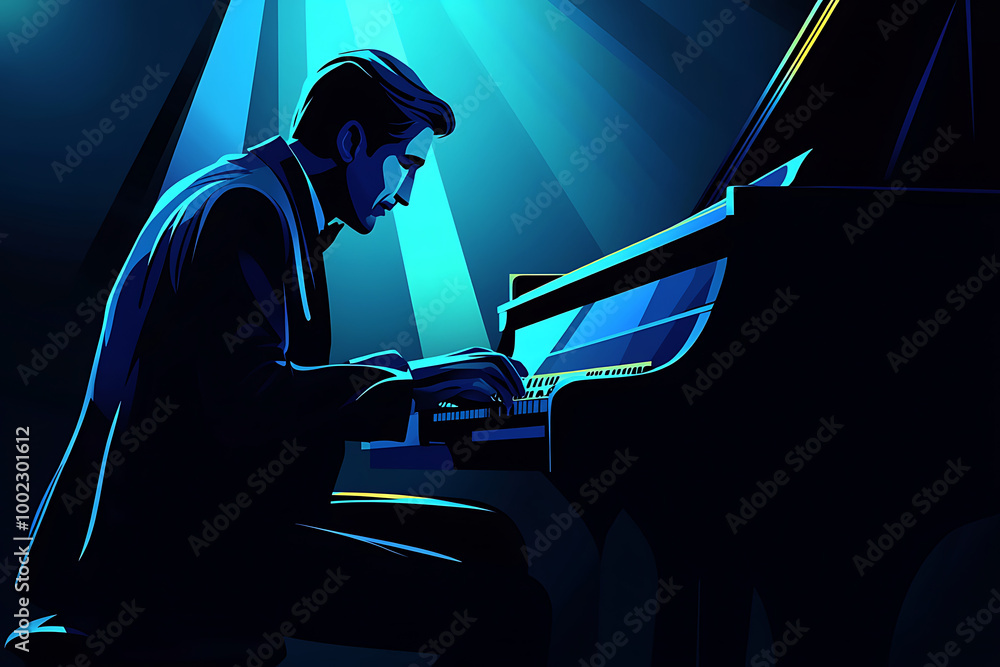 A musician passionately plays the piano under dramatic lighting. A musician passionately plays the piano under dramatic lighting.