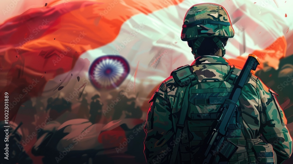 A close-up of an Indian soldier's back, with the national flag in soft focus behind him. The background is blurred to emphasize his profile and military gear. A close-up of an Indian soldier's back, with the national flag in soft focus behind him. The background is blurred to emphasize his profile and military gear.