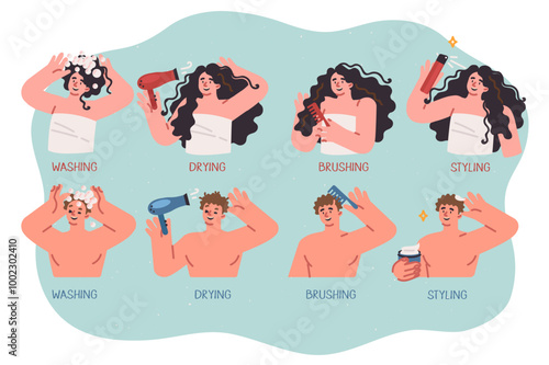 Hair care from men or women washing hair while showering and using hair dryer after bath