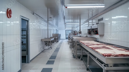 Industrial meat processing facility with stainless steel equipment and tiled walls, highlighting cleanliness and organization. photo