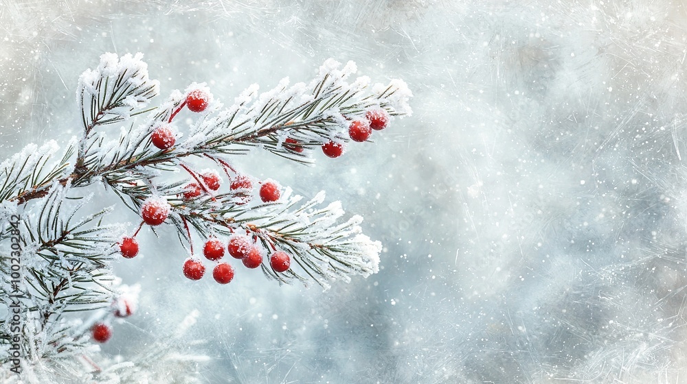 A zoomed-in photo of a pine tree adorned with berries against a white snowy backdrop, with snowflakes sprinkled on its branches A zoomed-in photo of a pine tree adorned with berries against a white snowy backdrop, with snowflakes sprinkled on its branches