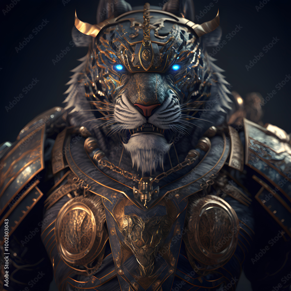 Fototapeta premium Armored tiger warrior with glowing blue eyes, adorned in golden armor