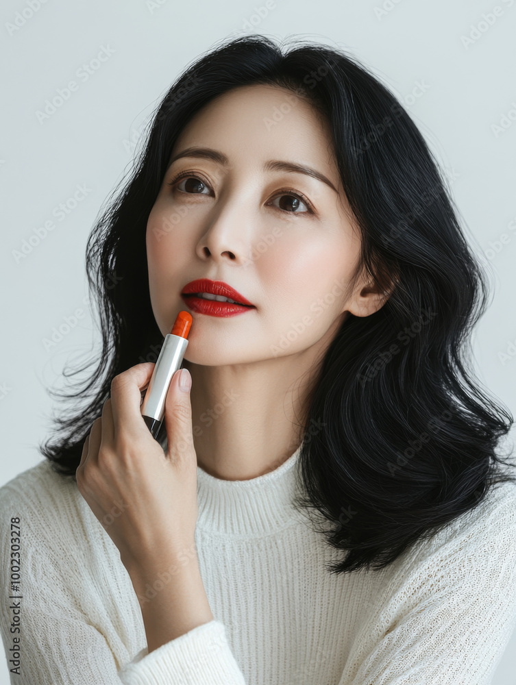 portrait of 40 year old Asian woman applying red lipstick, showcasing her beauty and confidence against clean white background portrait of 40 year old Asian woman applying red lipstick, showcasing her beauty and confidence against clean white background