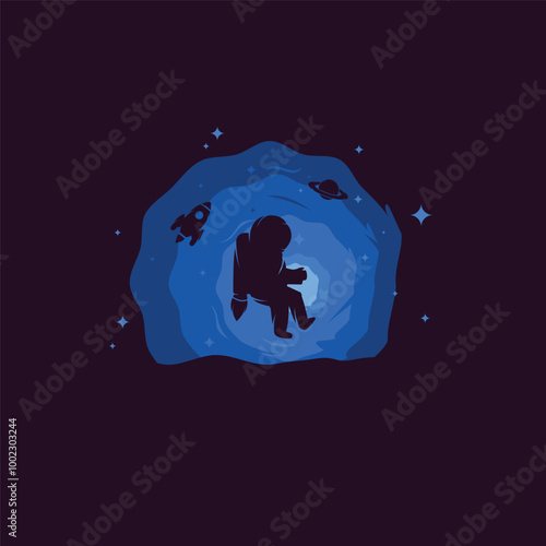 Silhouette illustration astronaut flying explore with jetpack in galaxy universe with spacesuit