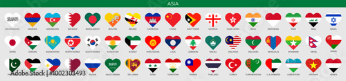 Set of heart flags of Asian countries. Patriotic symbol. Vector illustration