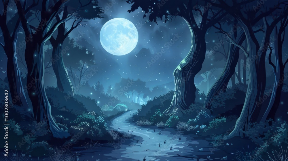 Obraz premium Mystical Moonlit Path Through Enchanted Forest Vector Illustration Night Scene