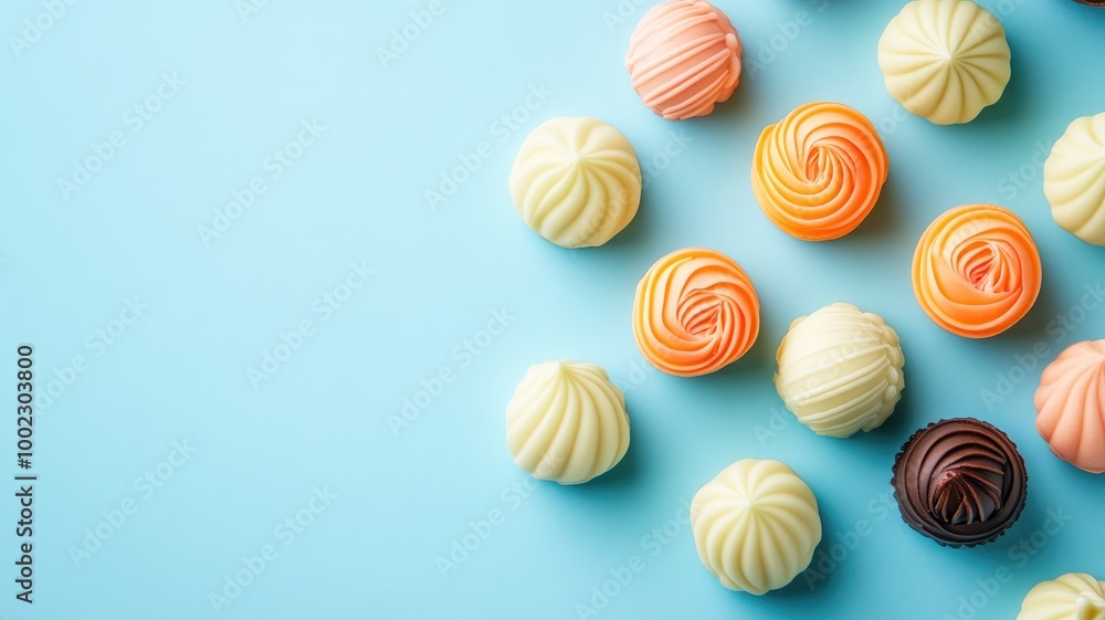 Colorful round pastries on light blue background, neatly arranged Colorful round pastries on light blue background, neatly arranged