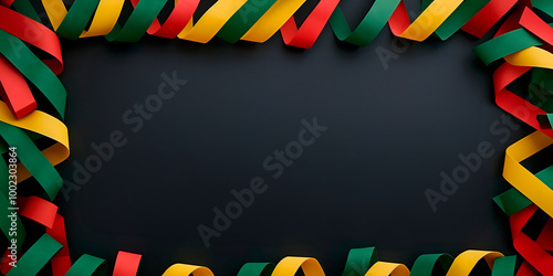 Colorful ribbons in red, green, and yellow arranged on a black background, perfect for festive designs, holiday decorations, or creative layouts with vibrant, celebratory themes