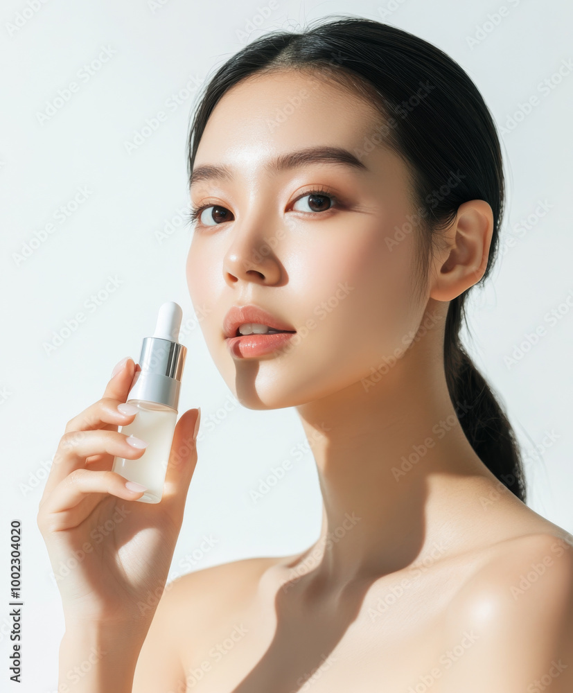 beautiful Asian model holds serum bottle, showcasing her smooth and soft skin in cosmetics advertisement concept. image radiates elegance and confidence beautiful Asian model holds serum bottle, showcasing her smooth and soft skin in cosmetics advertisement concept. image radiates elegance and confidence