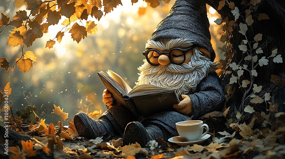 A scholarly gnome engrossed in a book, sitting under a tree, glasses perched on his nose, a cup of tea beside him, detailed paper-cut leaves and vines creating depth, A scholarly gnome engrossed in a book, sitting under a tree, glasses perched on his nose, a cup of tea beside him, detailed paper-cut leaves and vines creating depth,