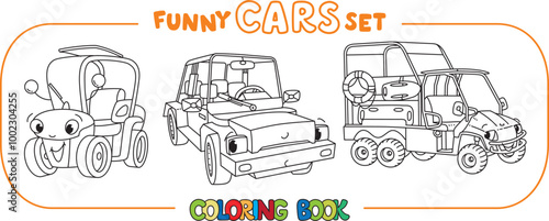 Funny small cars with eyes coloring book set