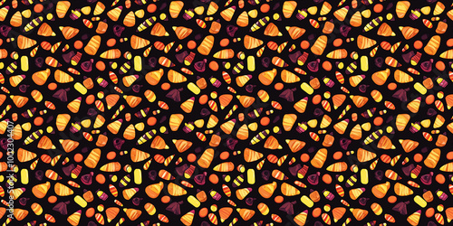 Halloween candy pattern with festive, spooky-themed sweets. Background seamless pattern.