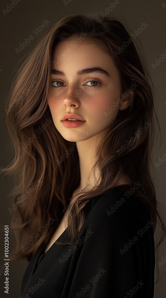 Portrait of a young woman with fine brown hair standing straight and looking gracefully at the camera Portrait of a young woman with fine brown hair standing straight and looking gracefully at the camera