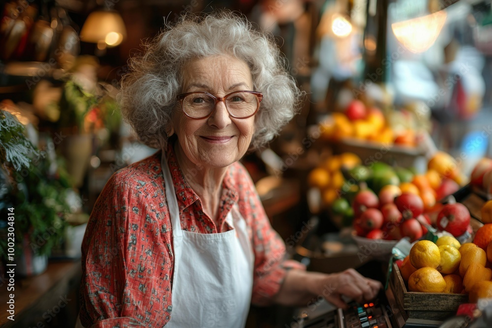 Elderly Woman in a Red Shirt and White Apron Smiling at a Produce Stand Elderly Woman in a Red Shirt and White Apron Smiling at a Produce Stand