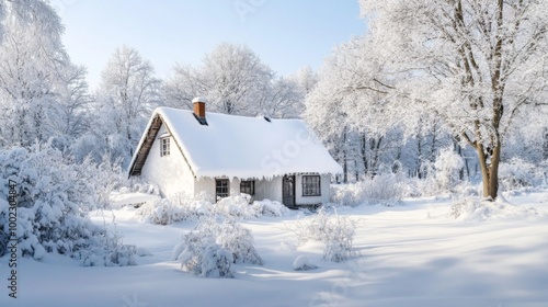 Snow-Covered Cottage in a Snowy Forest