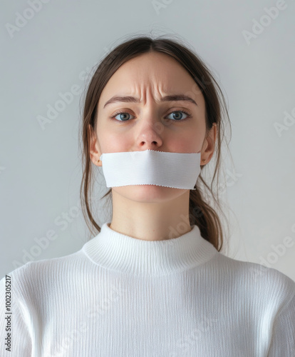 woman with tape on her mouth looks sad, conveying sense of silence and restriction against white background. Her expression reflects deep emotions and feeling of being unheard