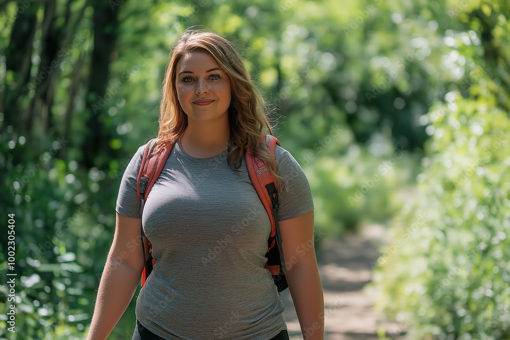 A plus-sized Caucasian woman enjoys a nature hike while wearing a backpack on a sunny day surrounded by lush greenery A plus-sized Caucasian woman enjoys a nature hike while wearing a backpack on a sunny day surrounded by lush greenery