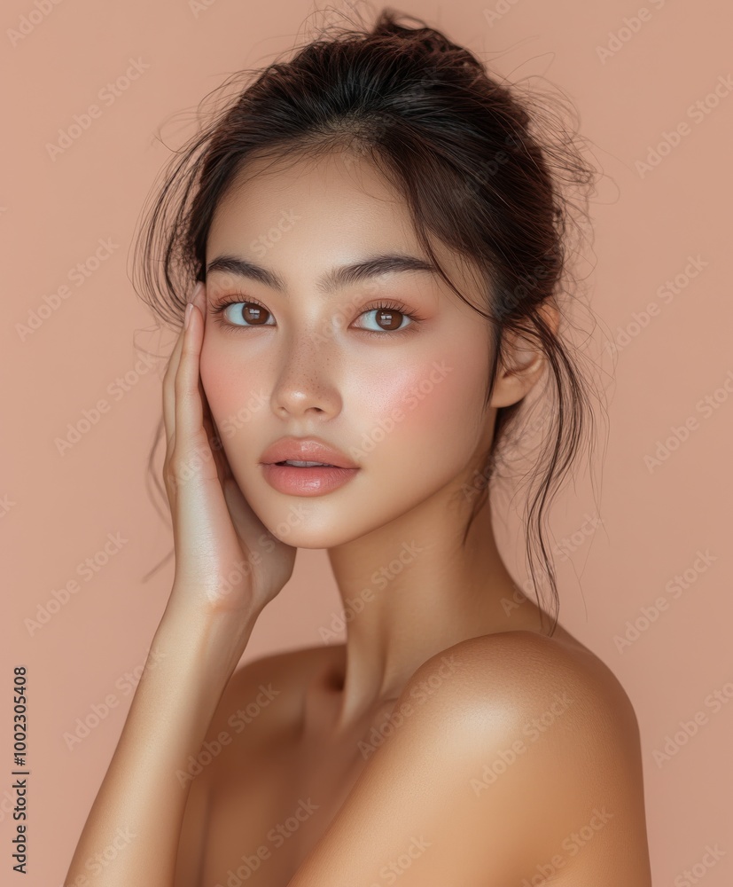 young Asian Thai woman with glowing tan skin, touching face, beauty cosmetic concept young Asian Thai woman with glowing tan skin, touching face, beauty cosmetic concept