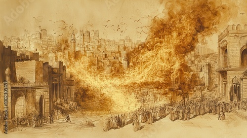 Artistic Depiction of Isaiah: Fire River Flowing Through Streets, Cleansing People and City, Beige Background