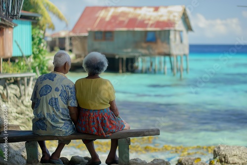 Elderly Tuvaluan couple enjoying the serene ocean view together, seated on a wooden bench by the beach near their home in Tuvalu photo