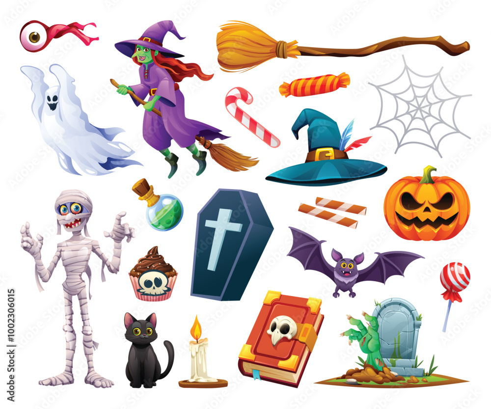 Fototapeta premium Halloween elements with spooky characters like witch, ghost, and pumpkin in cartoon style. Vector cartoon illustration.